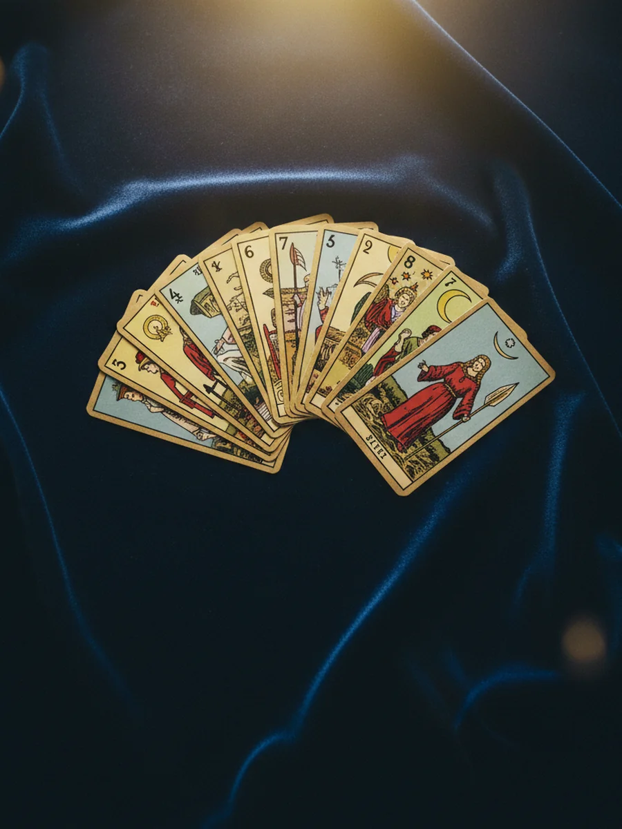 Manos elegantes seleccionando una carta de tarot sobre paño oscuro con luz dorada cálida