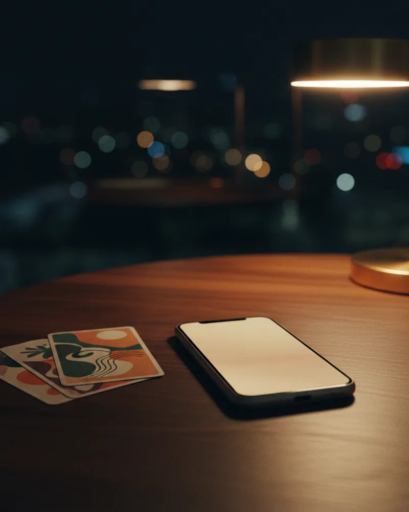 Cartas de tarot iluminadas por luz nocturna junto a teléfono móvil